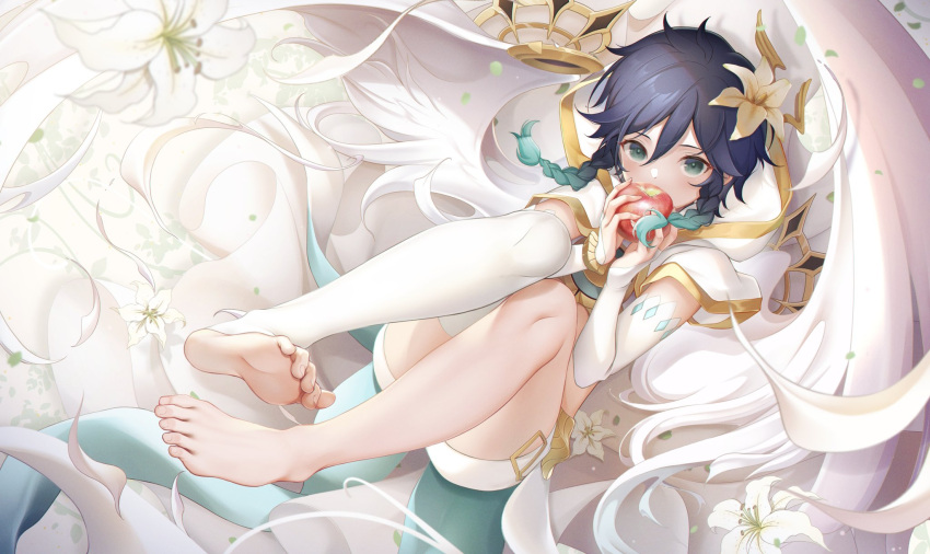 1boy alternate_costume androgynous apple bangs barefoot black_hair blue_eyes blue_hair braid bridal_gauntlets capelet covered_mouth crop_top elbow_gloves feathered_wings feet flower food fruit genshin_impact gloves gold_trim gradient_hair hair_flower hair_ornament highres holding holding_food holding_fruit hood hooded_capelet looking_at_viewer male_focus multicolored_hair noan short_hair_with_long_locks shorts single_thighhigh solo thigh-highs toeless_legwear twin_braids venti_(genshin_impact) white_flower white_gloves white_shorts white_wings wings