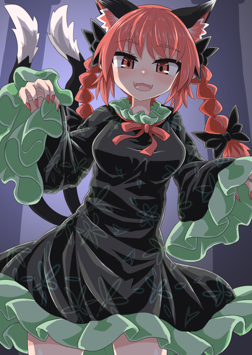 1girl animal_ears bangs black_bow black_dress black_tail bow braid cat_ears cat_tail chups cowboy_shot dress extra_ears eyebrows_visible_through_hair fangs frilled_dress frilled_sleeves frills hair_bow highres kaenbyou_rin long_sleeves looking_at_viewer multiple_tails open_mouth red_bow red_eyes red_nails red_neckwear redhead shade side_braids smile solo standing tail touhou twin_braids two_tails wide_sleeves