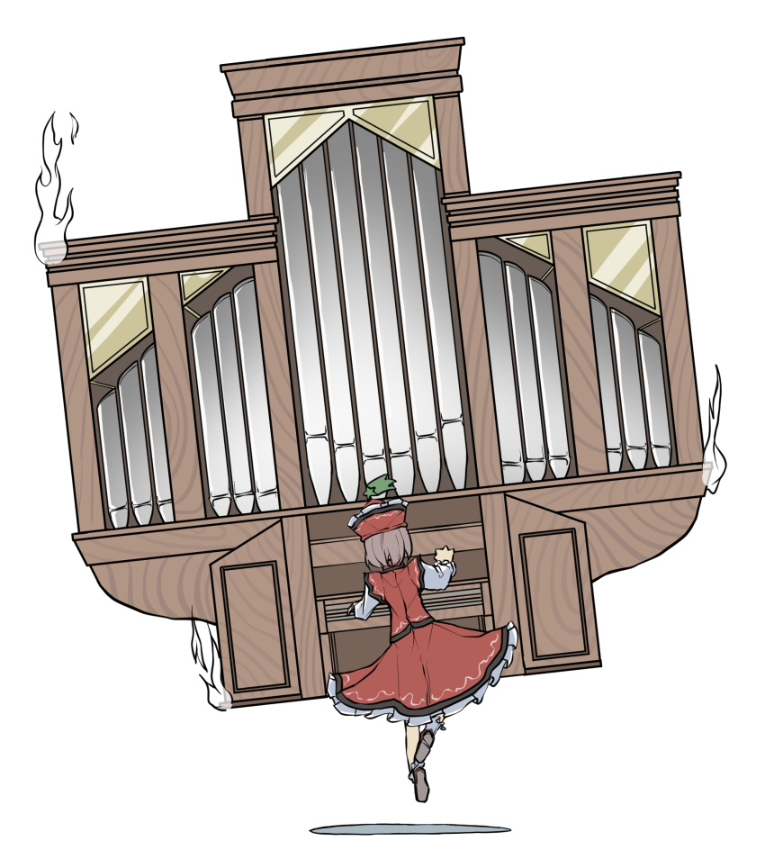 1girl brown_footwear brown_hair falling_star frilled_hat frilled_skirt frills from_behind full_body hat hat_ornament highres instrument long_sleeves lyrica_prismriver music organ_(instrument) peroponesosu. playing_instrument red_headwear red_skirt red_vest short_hair simple_background skirt skirt_set solo touhou vest white_background