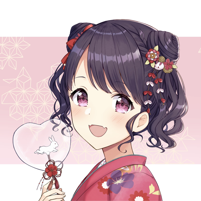 1girl :d absurdres bangs black_hair blush commentary_request eyebrows_visible_through_hair fangs floral_print from_side fukumaru_koito hair_ornament hand_up heart highres holding idolmaster idolmaster_shiny_colors japanese_clothes kimono looking_at_viewer looking_to_the_side mochiko_(uyu_omochi) open_mouth pink_background print_kimono red_eyes red_kimono smile solo swept_bangs transparent two-tone_background upper_body white_background
