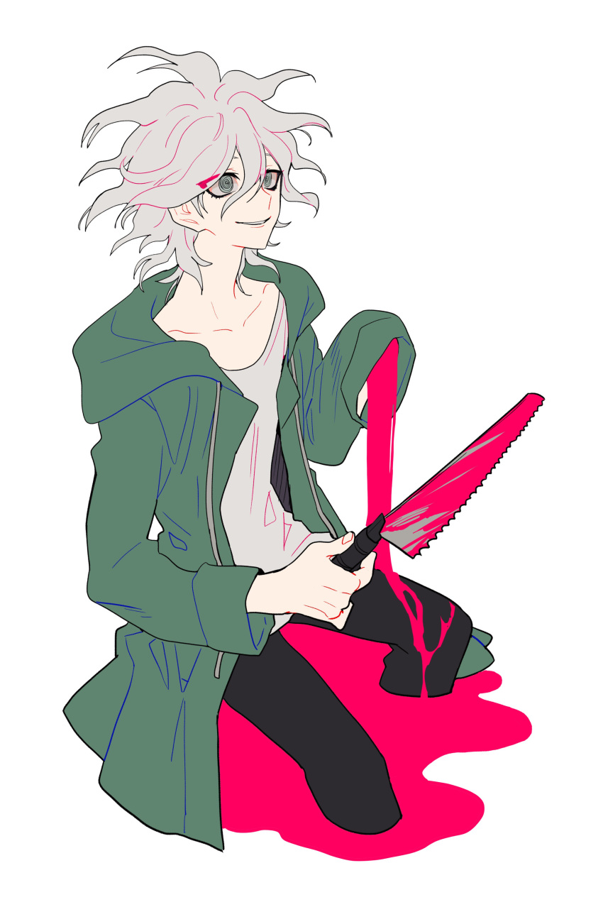 1boy absurdres amputee bangs black_pants coat collarbone commentary_request crazy_eyes cropped_legs dangan_ronpa_(series) dangan_ronpa_2:_goodbye_despair full_body green_coat grey_eyes grey_hair grey_shirt highres holding holding_weapon hood hood_down hooded_coat invisible_chair komaeda_nagito long_neck long_sleeves male_focus messy_hair open_clothes open_coat pants pink_blood saw shirt short_hair simple_background sin11111 sitting smile solo spoilers weapon white_background