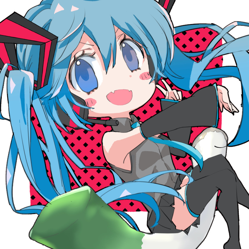 1girl aqua_neckwear bare_shoulders black_skirt black_sleeves blue_eyes blue_hair bokarokaku chibi commentary detached_sleeves dotted_background fangs framed_image grey_shirt hair_ornament hatsune_miku headphones headset long_hair looking_at_viewer miniskirt necktie pleated_skirt red_background shirt sitting_on_food skin_fangs skirt sleeveless sleeveless_shirt smile solo spring_onion thigh-highs twintails v v-shaped_eyebrows very_long_hair vocaloid zettai_ryouiki