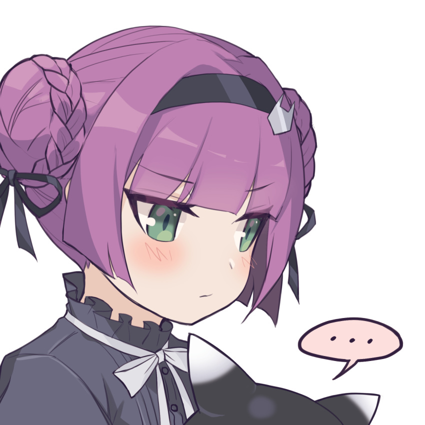 ... 1girl black_cat black_ribbon blush braid braided_bun carcano_m91/38_(girls_frontline) cat commentary_request double_bun expressionless girls_frontline green_eyes hair_ornament hairband highres jingo korean_commentary official_alternate_costume purple_hair ribbon solo spoken_ellipsis white_background white_ribbon younger