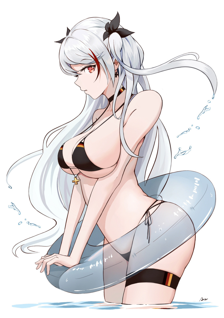 1girl absurdres amamizu_shizuku azur_lane bikini black_bikini black_ribbon black_swimsuit breasts closed_mouth cross cross_earrings cross_necklace earrings eyebrows_visible_through_hair hair_ribbon highres jewelry large_breasts long_hair looking_at_viewer multicolored_hair necklace prinz_eugen_(azur_lane) prinz_eugen_(unfading_smile)_(azur_lane) red_eyes ribbon silver_hair solo standing swimsuit swimwear white_background