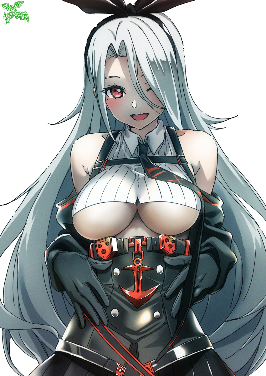 1girl absurdres azur_lane black_gloves black_hairband black_neckwear black_ribbon black_sleeves bow_hairband breasts collared_shirt crop_top detached_sleeves gloves hair_ribbon hairband high-waist_skirt highres large_breasts long_hair looking_at_viewer mole mole_under_eye necktie one_eye_closed open_mouth pink_x prinz_heinrich_(azur_lane) red_eyes ribbed_shirt ribbon shirt signature skirt smile solo under_boob very_long_hair white_hair white_shirt