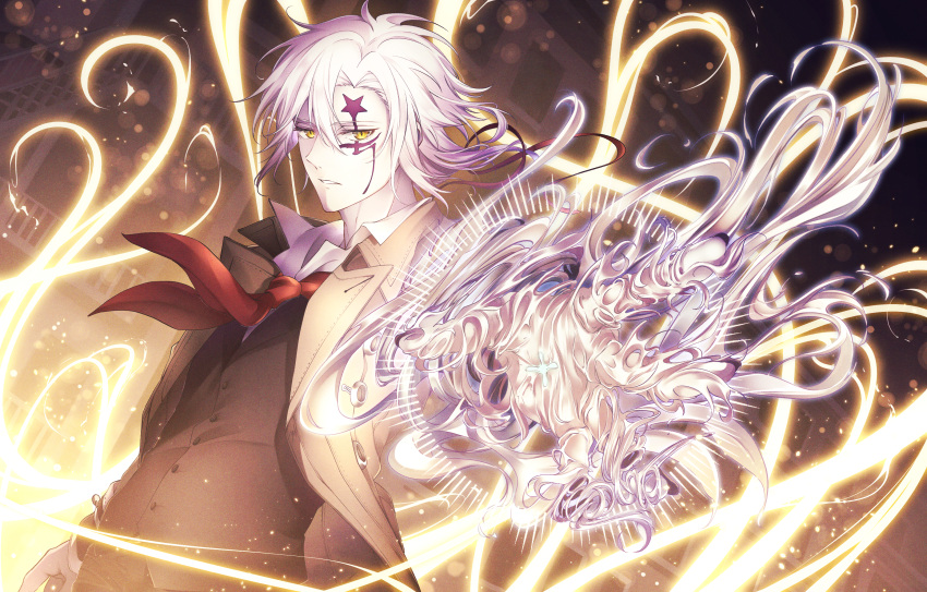 1boy allen_walker bangs black_vest brown_coat coat d.gray-man dutch_angle facial_mark floating_hair hair_between_eyes highres huge_filesize lens_flare looking_at_viewer male_focus necktie noan open_clothes open_coat parted_lips red_neckwear silver_hair solo upper_body vest yellow_eyes