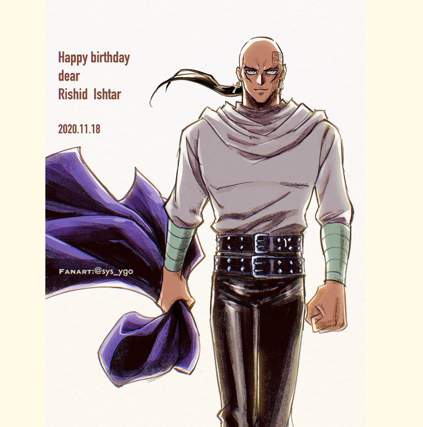 1boy ankh artist_name belt clenched_hand cloak closed_mouth dark_skin dark_skinned_male dated earrings facial_tattoo grey_shirt happy_birthday highres holding jewelry male_focus mixed-language_commentary pants purple_cloak rishid_ishtar shirt solo soya_(sys_ygo) tattoo watermark yellow_eyes yu-gi-oh!