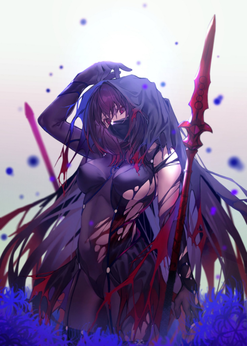 1girl arm_up bodysuit breasts covered_navel fate/grand_order fate_(series) flower gae_bolg gradient gradient_background grey_background highres hiro_(hirohiro_gorira) large_breasts long_hair looking_at_viewer mask mouth_mask polearm purple_bodysuit purple_flower purple_hair scathach_(fate)_(all) scathach_(fate/grand_order) sideboob single_bare_shoulder skin_tight skindentation solo spear standing veil very_long_hair violet_eyes weapon