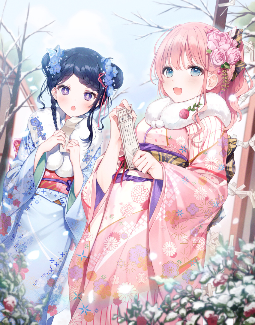2girls :d a20_(atsumaru) bangs blue_eyes blue_flower blue_hair blue_kimono blush braid braided_bangs chestnut_mouth commentary_request day double_bun eyebrows_visible_through_hair flower fur_collar hair_flower hair_ornament highres japanese_clothes kimono long_hair long_sleeves looking_at_viewer multiple_girls obi omikuji open_mouth original outdoors pink_flower pink_hair pink_kimono pink_rose rose sash smile violet_eyes wide_sleeves