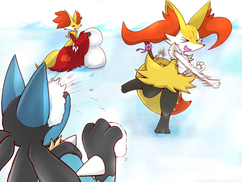 &gt;_&lt; 1boy 2girls animal_ear_fluff animal_ears animal_nose black_fur blue_fur body_fur braixen closed_eyes commentary_request day delphox fang fox_ears fox_girl fox_tail from_behind full_body furry gen_4_pokemon gen_6_pokemon hand_up hands_up happy highres holding ibutsu in_the_face jpeg_artifacts leg_up lucario motion_lines multiple_girls open_mouth outdoors paws pokemon pokemon_(creature) red_fur sideways_mouth skin_fang smile snout snowball snowball_fight snowman spikes standing standing_on_one_leg stick tail throwing upper_body white_fur wolf_boy wolf_ears yellow_fur
