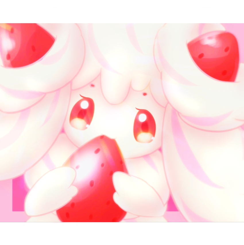 alcremie alcremie_(strawberry_sweet) alcremie_(vanilla_cream) eating food fruit gen_8_pokemon hands_up highres holding holding_food iogi_(iogi_k) jpeg_artifacts letterboxed no_humans pokemon pokemon_(creature) red_eyes solo strawberry upper_body