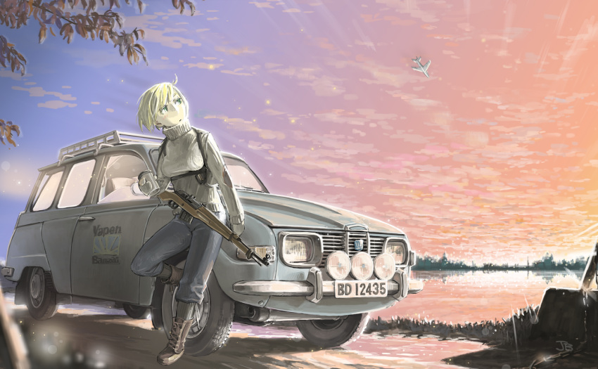 1girl ag42 blonde_hair boots car commentary_request cup ground_vehicle gun harness holding holding_cup holding_weapon jettoburikku lake leaning_on_object looking_back motor_vehicle original pants rifle saab saab_95 saab_lansen short_hair sky standing standing_on_one_leg sunset sweater swedish_text turtleneck turtleneck_sweater weapon white_sweater