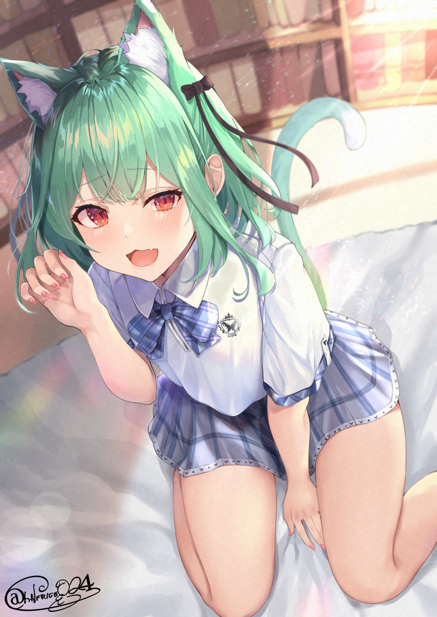 1girl absurdres animal_ears between_legs black_bow blue_bow blue_neckwear blue_skirt bow bowtie breasts cat_ears cat_tail commentary_request dutch_angle extra_ears eyebrows_visible_through_hair foot_out_of_frame green_hair hair_bow hand_between_legs hand_up highres hololive huge_filesize indoors kemonomimi_mode lens_flare light_rays looking_at_viewer medium_hair nail_polish paw_pose pink_nails plaid plaid_bow plaid_neckwear plaid_skirt red_eyes shiina_aoi shirt short_hair signature sitting skirt slit_pupils small_breasts solo tail uruha_rushia virtual_youtuber wariza white_shirt