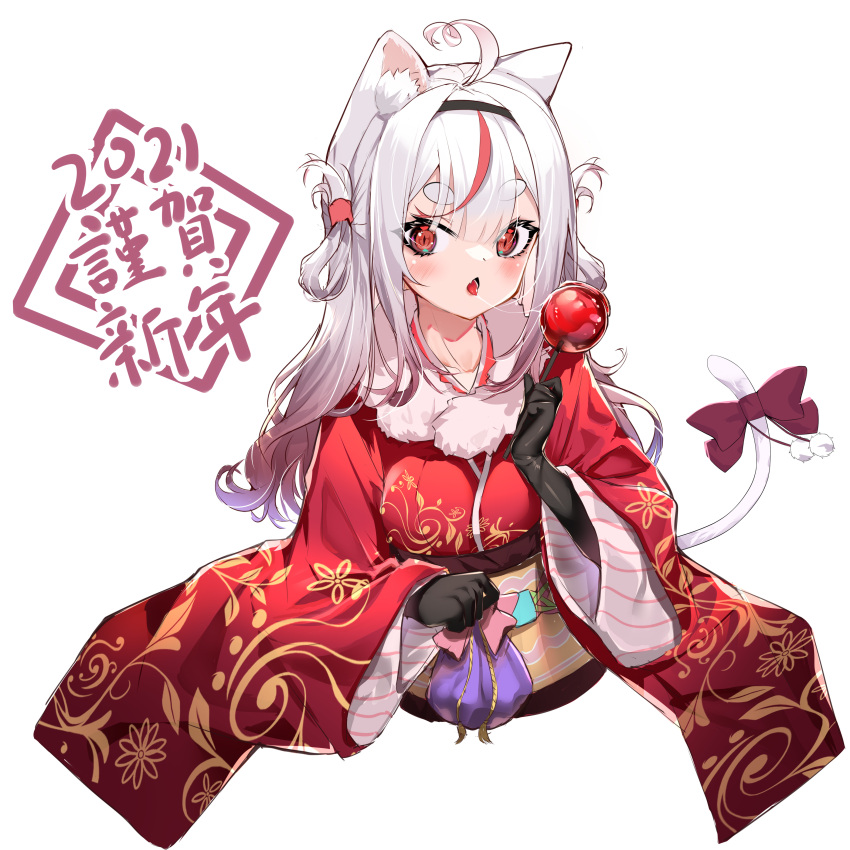 1girl absurdres ahoge akinatsu_meguru animal_ear_fluff animal_ears black_gloves black_hairband blush bow candy_apple cat_ears cat_girl cat_tail commentary_request cropped_torso food gloves hairband happy_new_year highres holding holding_food japanese_clothes kimono long_hair long_sleeves multicolored_hair new_year obi original parted_lips red_bow red_eyes red_kimono redhead saliva saliva_trail sash short_eyebrows simple_background solo streaked_hair tail tail_bow tail_ornament thick_eyebrows tongue tongue_out upper_body white_background white_hair wide_sleeves
