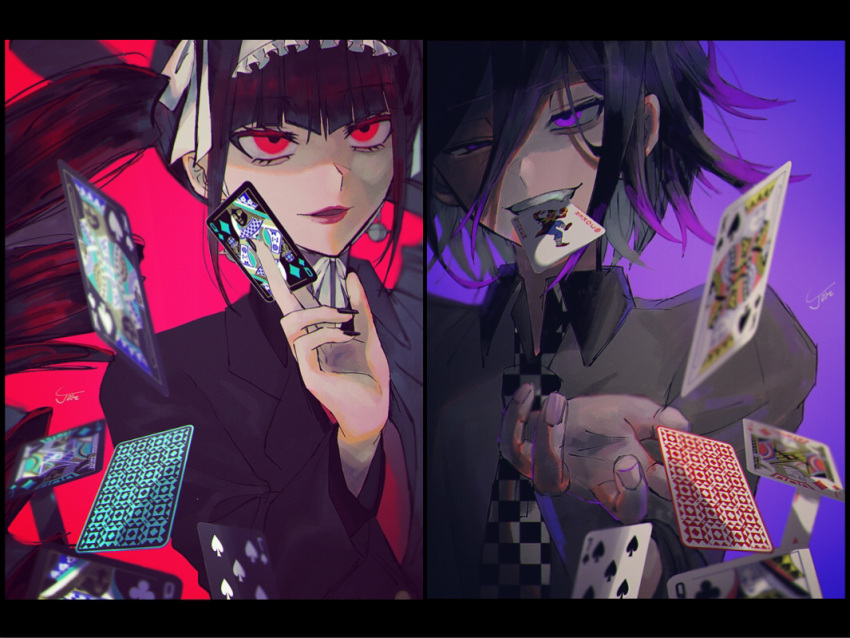 1boy 1girl alternate_costume bangs black_hair black_jacket black_nails card celestia_ludenberg checkered checkered_neckwear commentary_request dangan_ronpa:_trigger_happy_havoc dangan_ronpa_(series) dangan_ronpa_v3:_killing_harmony drill_hair earrings eyebrows_visible_through_hair gothic_lolita gradient_hair hair_between_eyes holding holding_card jacket jewelry joh_pierrot lips lipstick lolita_fashion long_hair long_sleeves makeup mouth_hold multicolored_hair necktie ouma_kokichi parted_lips playing_card purple_background purple_hair red_background red_eyes red_neckwear sidelocks signature simple_background twin_drills twintails upper_body violet_eyes