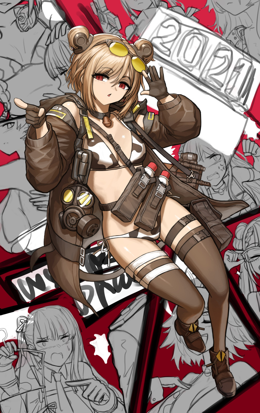 absurdres animal_print bikini breasts bullpup cheogtanbyeong choker cow_print double_bun gas_mask girls_frontline gun highres light_brown_hair medium_breasts multiple_girls p90 p90_(girls_frontline) red_eyes short_hair side-tie_bikini solo_focus submachine_gun swimsuit weapon