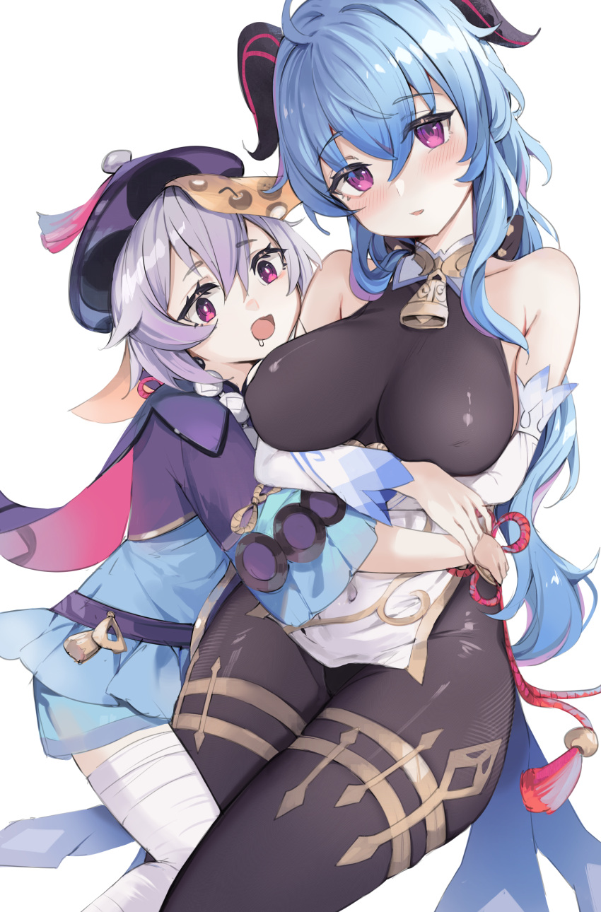 2girls absurdres ahoge bandages bangs bare_shoulders bead_necklace beads bell black_bodysuit blue_hair blush bodystocking bodysuit breast_hold breasts chinese_clothes cowbell detached_sleeves ganyu_(genshin_impact) genshin_impact goat_horns gold_trim highres horns hug jewelry jiangshi large_breasts long_hair looking_at_viewer low_ponytail multiple_girls necklace ofuda open_mouth purple_hair qiqi short_hair simple_background smile violet_eyes white_background yamiiv