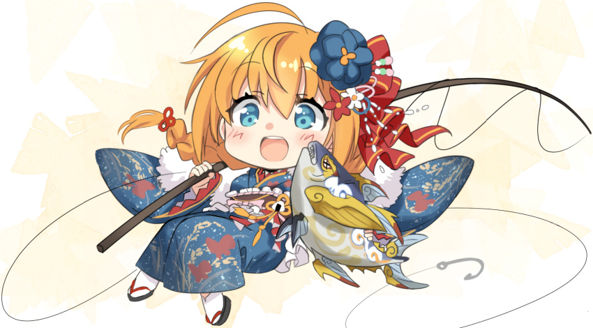 1girl :d ahoge animal bangs black_footwear blue_eyes blue_flower blue_kimono blush braid chibi eyebrows_visible_through_hair fish fishing_hook fishing_line fishing_rod flower frills full_body hair_between_eyes hair_flower hair_ornament highres hizuki_yayoi holding holding_fishing_rod japanese_clothes kimono long_hair long_sleeves looking_at_viewer obi open_mouth orange_hair pecorine_(princess_connect!) princess_connect! princess_connect!_re:dive sash smile socks solo tabi upper_teeth white_legwear wide_sleeves zouri