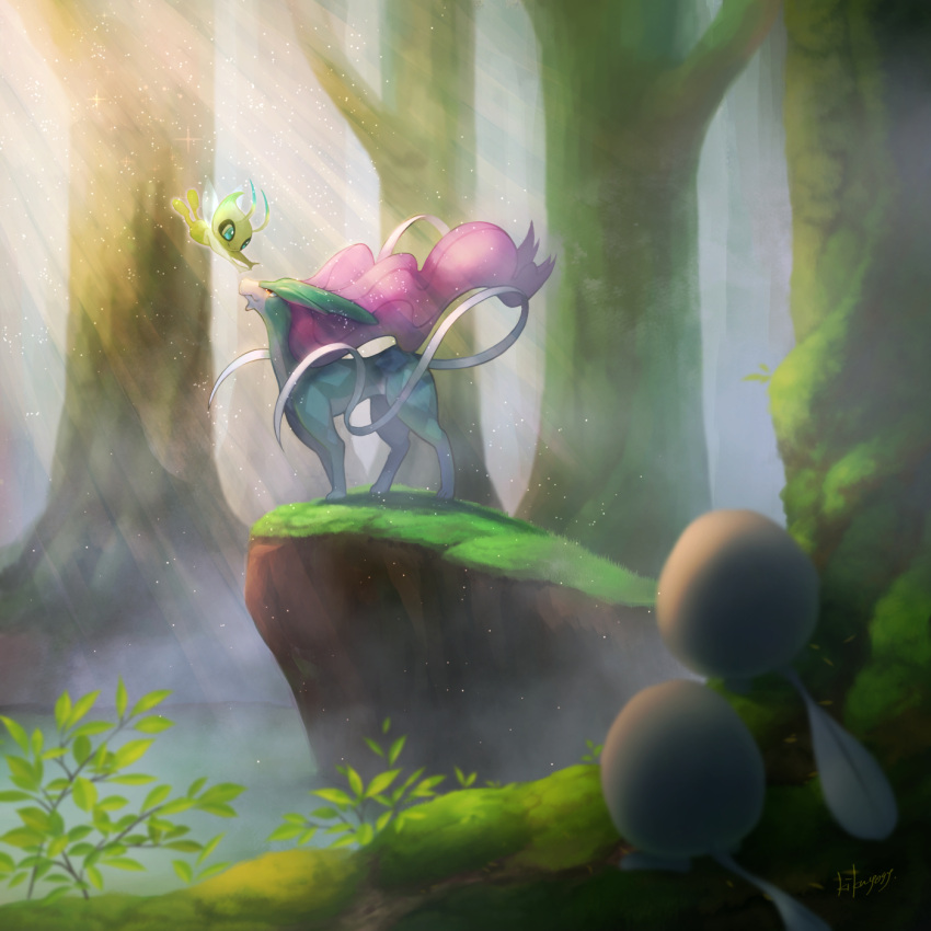 celebi closed_mouth commentary_request day eye_contact forest gen_1_pokemon gen_2_pokemon grass highres kikuyoshi_(tracco) legendary_pokemon light_beam looking_at_another mythical_pokemon nature no_humans outdoors pokemon pokemon_(creature) poliwag signature sparkle suicune tree