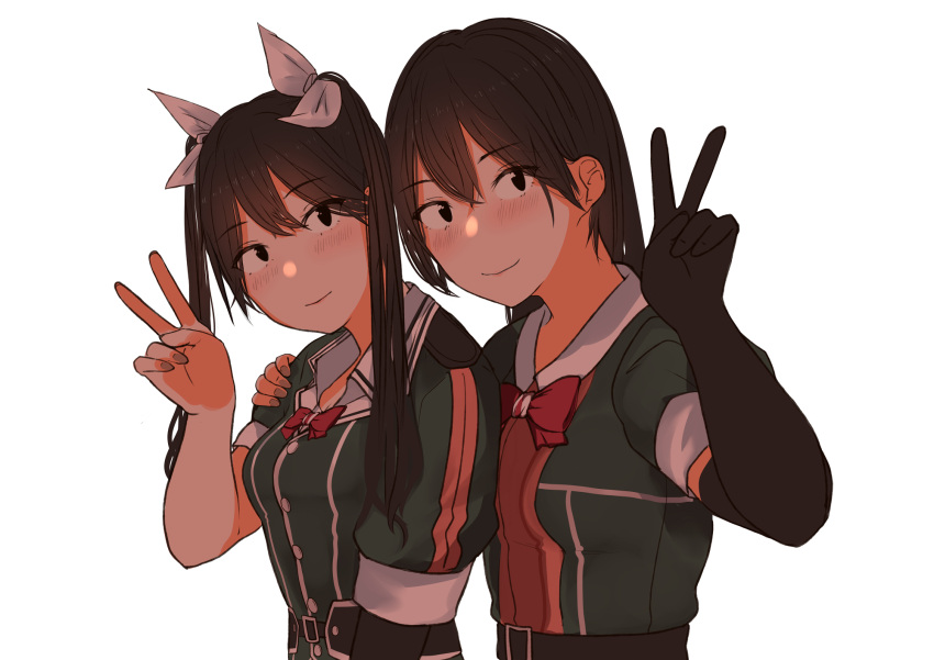 2girls black_gloves black_hair chikuma_(kancolle) closed_mouth elbow_gloves eyebrows_visible_through_hair gloves hair_between_eyes hair_ribbon hand_on_another's_shoulder hieda_(hiedanoaqn) highres kantai_collection long_hair looking_at_viewer military military_uniform multiple_girls ribbon short_sleeves single_elbow_glove smile tone_(kancolle) tone_kai_ni_(kancolle) twintails uniform v white_background white_ribbon