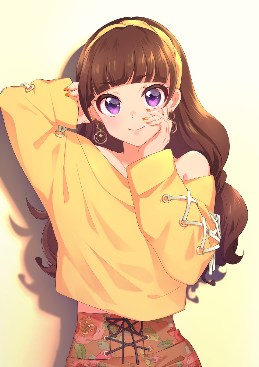 1girl absurdres amanogawa_kirara bangs bare_shoulders blunt_bangs brown_hair commentary_request earrings eriko eyebrows_visible_through_hair go!_princess_precure gradient gradient_background hairband highres jewelry long_hair long_sleeves looking_at_viewer off-shoulder_shirt off_shoulder precure shirt smile solo violet_eyes yellow_background yellow_hairband yellow_shirt