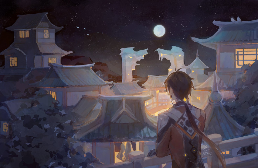 1boy bird black_gloves black_hair brown_hair building carm_(ruoyeahs) dated english_commentary from_behind full_moon genshin_impact gloves gradient_hair highres jacket jewelry long_hair long_sleeves male_focus moon multicolored_hair night outdoors ponytail signature single_earring sky solo star_(sky) starry_sky twitter_username zhongli_(genshin_impact)