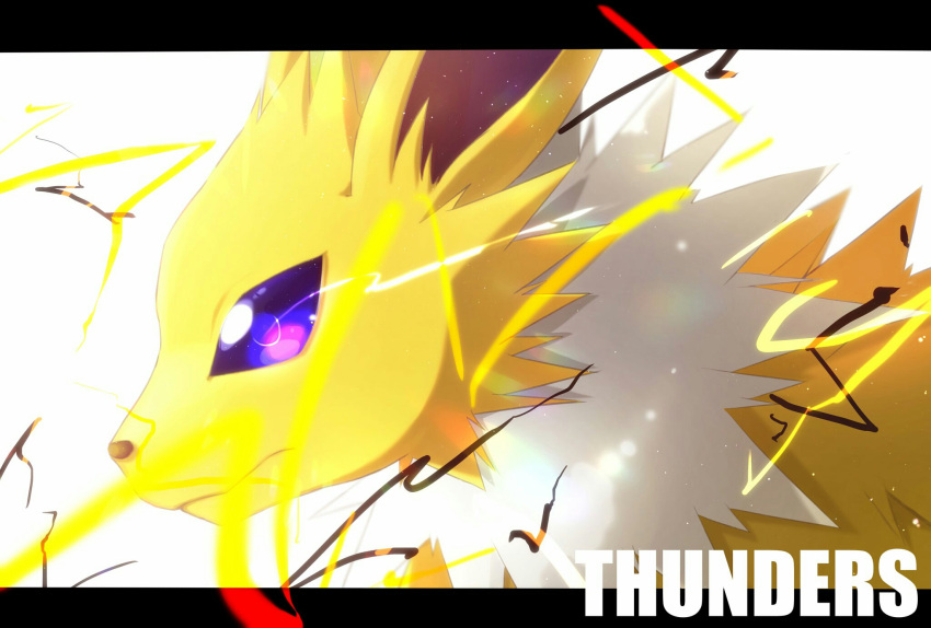 animal_focus character_name closed_mouth commentary_request electricity from_side gen_1_pokemon highres iogi_(iogi_k) jolteon jpeg_artifacts letterboxed light_particles no_humans pokemon pokemon_(creature) simple_background solo upper_body violet_eyes white_background