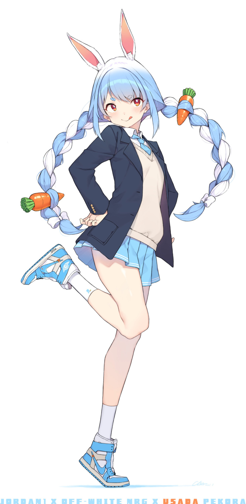 1girl :q absurdres alternate_costume animal_ear_fluff animal_ears bare_legs blue_hair blush braid carrot carrot_hair_ornament cloba commentary_request eyebrows_visible_through_hair food_themed_hair_ornament full_body hair_ornament hand_on_hip highres hololive jacket licking_lips long_hair long_sleeves looking_at_viewer multicolored_hair rabbit_ears school_uniform shoes skirt smile socks solo standing standing_on_one_leg thick_eyebrows tongue tongue_out twin_braids two-tone_hair usada_pekora virtual_youtuber white_hair white_legwear
