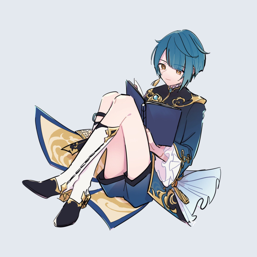 1boy bangs blue_hair blue_shorts book boots chinese_clothes closed_mouth crossed_legs frilled_sleeves frills genshin_impact ginnssno grey_background highres holding holding_book jewelry knee_boots male_focus reading shorts simple_background single_earring sitting solo white_footwear xingqiu_(genshin_impact) yellow_eyes