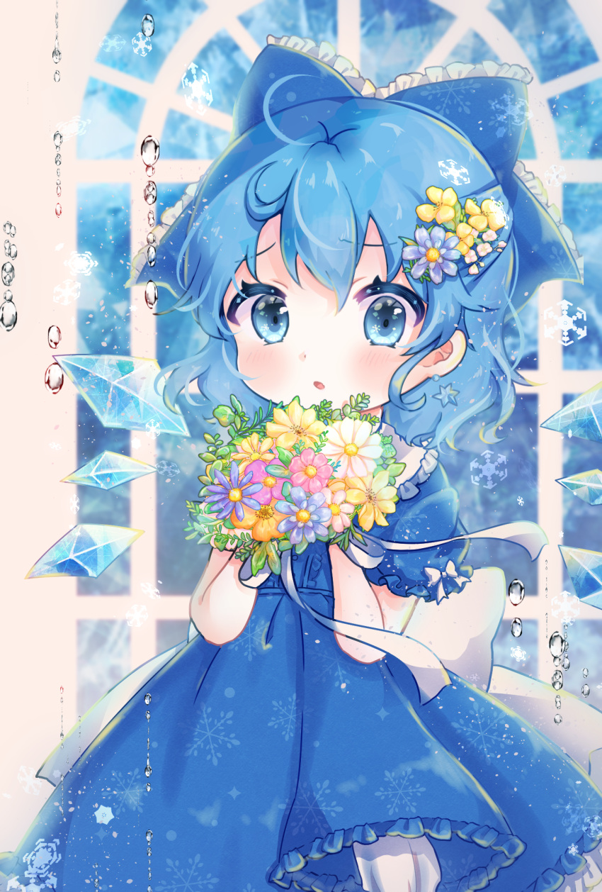 1girl :o adapted_costume bloomers blue_background blue_dress blue_eyes blue_hair blush bouquet bow chibi cirno commentary_request cowboy_shot daisy dress flower hair_bow hair_flower hair_ornament highres holding holding_bouquet looking_at_viewer partial_commentary puffy_short_sleeves puffy_sleeves short_hair short_sleeves snowflake_print snowflakes solo standing suzukkyu touhou underwear water_drop window wings