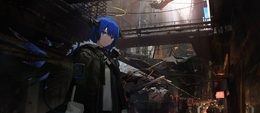 1girl absurdres arknights asteroid_ill black_jacket blue_eyes blue_hair blue_wings cityscape commentary demon_horns detached_wings energy_wings fur-trimmed_hood fur-trimmed_jacket fur_trim halo highres hood horns jacket looking_at_viewer mostima_(arknights) open_clothes open_jacket outdoors scenery shirt short_hair smile solo tagme white_shirt wings