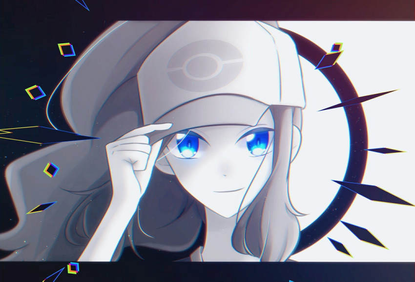 1girl adjusting_clothes adjusting_headwear baseball_cap blue_eyes chromatic_aberration closed_mouth commentary_request face hand_up happy hat highres hilda_(pokemon) iogi_(iogi_k) jpeg_artifacts long_hair looking_at_viewer monochrome poke_ball_symbol poke_ball_theme pokemon pokemon_(game) pokemon_bw sidelocks smile solo spot_color