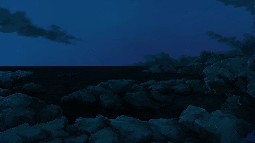 beach blue_theme clouds commentary_request highres horizon kajiji nature night no_humans ocean original outdoors rock scenery water waves