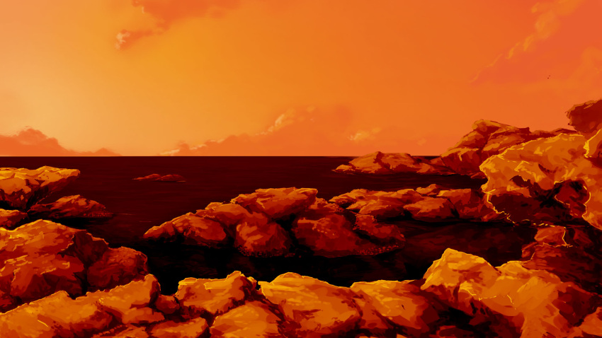 beach clouds commentary_request highres horizon kajiji nature no_humans ocean orange_theme original outdoors rock scenery sunset water waves