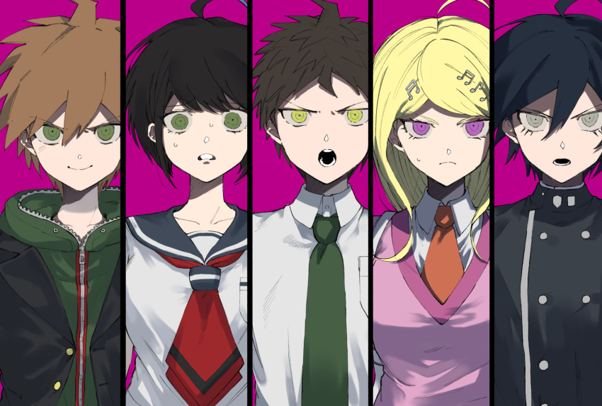 2girls 3boys ahoge akamatsu_kaede bangs black_hair black_jacket blonde_hair brother_and_sister brown_hair collarbone collared_shirt column_lineup commentary_request dangan_ronpa:_trigger_happy_havoc dangan_ronpa_(series) dangan_ronpa_2:_goodbye_despair dangan_ronpa_another_episode:_ultra_despair_girls dangan_ronpa_v3:_killing_harmony double-breasted eighth_note frown green_eyes green_jacket green_neckwear grey_shirt hair_between_eyes hair_ornament highres hinata_hajime jacket long_hair looking_at_viewer lower_teeth multiple_boys multiple_girls musical_note musical_note_hair_ornament naegi_komaru naegi_makoto necktie open_clothes open_jacket open_mouth pink_background pink_eyes red_neckwear saihara_shuuichi sailor_collar school_uniform shirt short_hair siblings simple_background spoilers suzumetarou sweat teeth trait_connection upper_body white_shirt