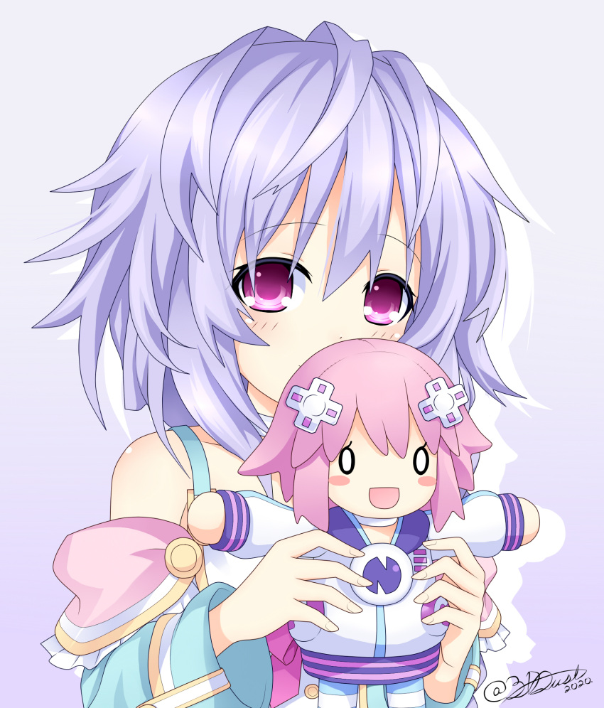 1girl bare_shoulders character_doll choker dated dress eyebrows_visible_through_hair hair_between_eyes highres holding kami_jigen_game_neptune_v long_hair looking_at_viewer neptune_(series) pururut ribbon simple_background solo very_long_hair violet_eyes white_background