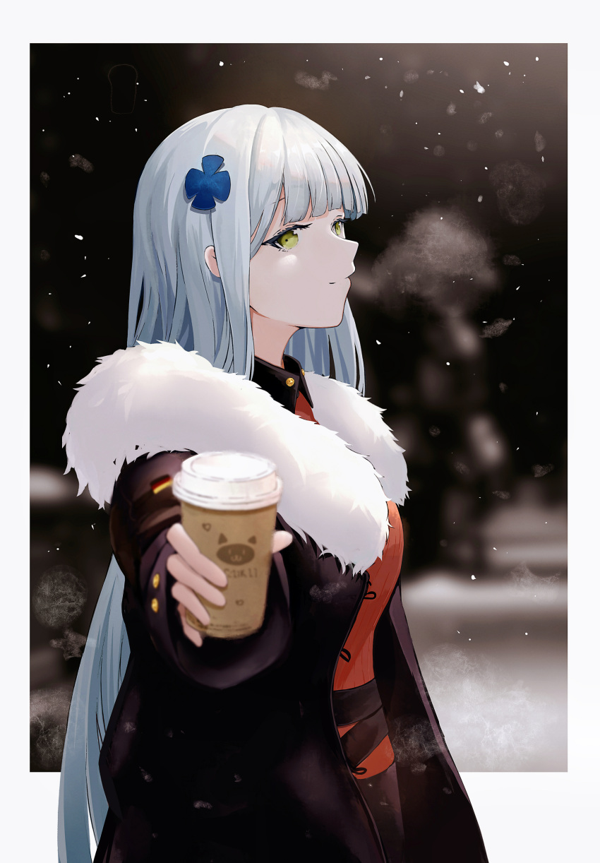 1girl absurdres amamizu_shizuku bangs blue_hair closed_mouth coffee_cup cup disposable_cup eyebrows_visible_through_hair fur-trimmed_jacket fur_trim girls_frontline green_eyes highres hk416_(girls_frontline) holding holding_cup jacket long_hair looking_at_viewer new_year profile snow snowflakes solo standing winter winter_clothes