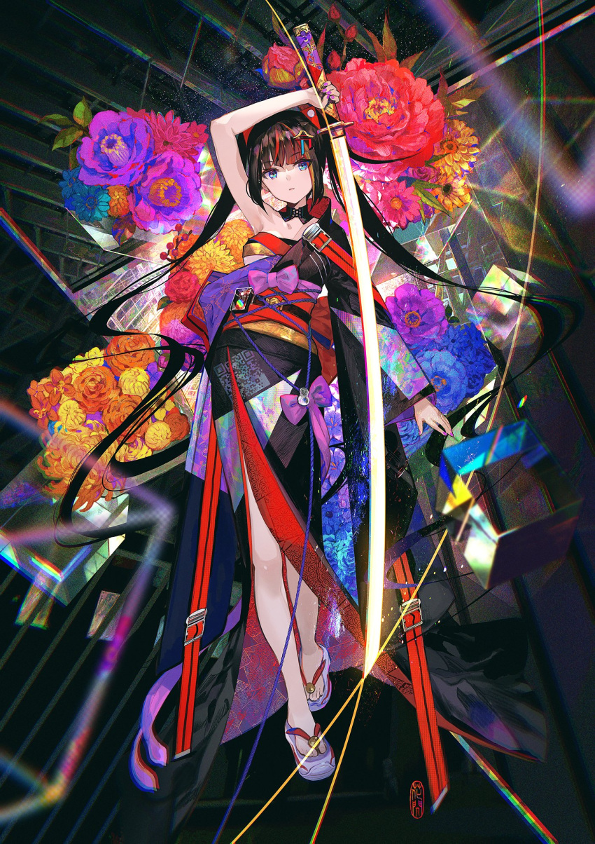 1girl abstract armpits bare_arms bare_legs bare_shoulders black_hair black_kimono blue_eyes breasts colorful detached_collar flower full_body fuzichoco hadanugi_dousa hair_ornament hairclip highres holding holding_sword holding_weapon japanese_clothes katana kimono long_hair long_sleeves looking_at_viewer medium_breasts multicolored_hair nail_polish obi original parted_lips platform_footwear purple_nails rose sash solo streaked_hair sword twintails very_long_hair weapon wide_sleeves zouri