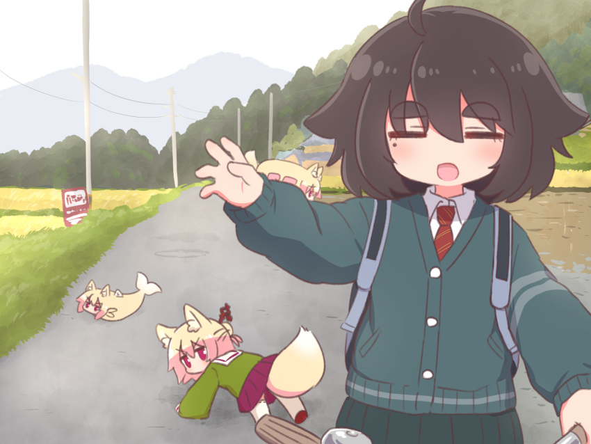 4girls :d ahoge all_fours animal animal_ears animalization bangs bicycle black_hair black_skirt blush bus cardigan closed_eyes collared_shirt day diagonal-striped_necktie eyebrows_visible_through_hair facing_viewer fish fox_ears fox_girl fox_tail green_shirt grey_cardigan ground_vehicle hair_between_eyes hair_bun hair_ornament highres kemomimi-chan_(naga_u) long_sleeves looking_at_viewer looking_back mole mole_under_eye motor_vehicle mountain multiple_girls naga_u naga_u-chan necktie objectification original outdoors photo-referenced pleated_skirt power_lines puffy_long_sleeves puffy_sleeves purple_skirt red_footwear red_necktie ribbon-trimmed_legwear ribbon_trim sailor_collar shirt short_eyebrows skirt sleeves_past_fingers sleeves_past_wrists smile stance_of_heaven_and_earth tail thick_eyebrows thigh-highs utility_pole white_legwear white_sailor_collar white_shirt