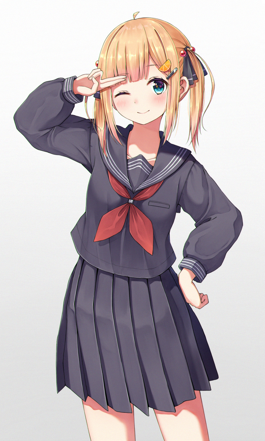 1girl ;) ahoge arm_up bangs black_ribbon black_sailor_collar black_serafuku black_shirt black_skirt blonde_hair blue_eyes blush breasts closed_mouth collarbone commentary_request eyebrows_visible_through_hair gradient gradient_background grey_background hair_bobbles hair_ornament hair_ribbon hairband hairclip hand_on_hip highres long_hair long_sleeves looking_at_viewer n2_(yf33) neckerchief one_eye_closed orange_hairband original pleated_skirt puffy_long_sleeves puffy_sleeves red_neckwear revision ribbon sailor_collar school_uniform serafuku shirt skirt sleeves_past_wrists small_breasts smile solo standing twintails white_background