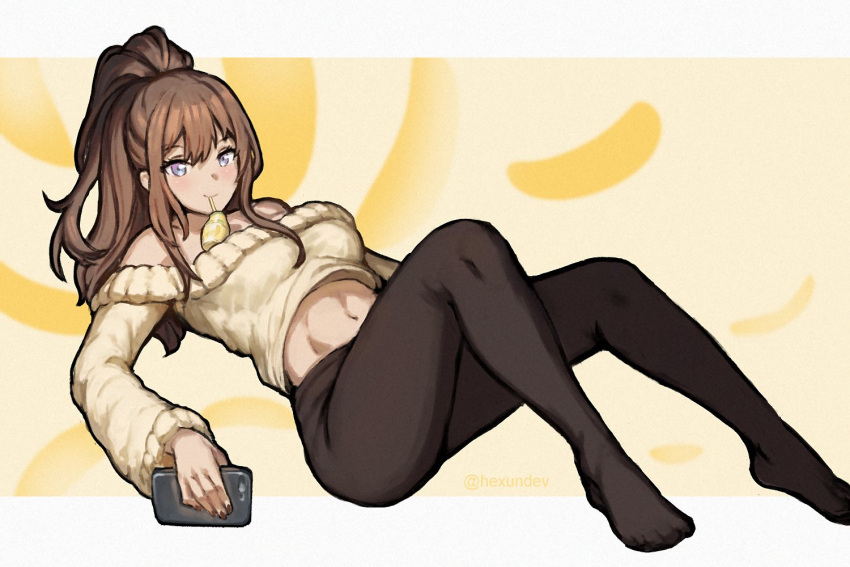 1girl atelier_live bangs brown_hair cellphone drinking_straw drinking_straw_in_mouth hexunart holding holding_phone leggings long_hair looking_at_viewer nanatsuki_nana navel off-shoulder_sweater off_shoulder phone ponytail sidelocks sitting smartphone solo sweater tied_hair virtual_youtuber