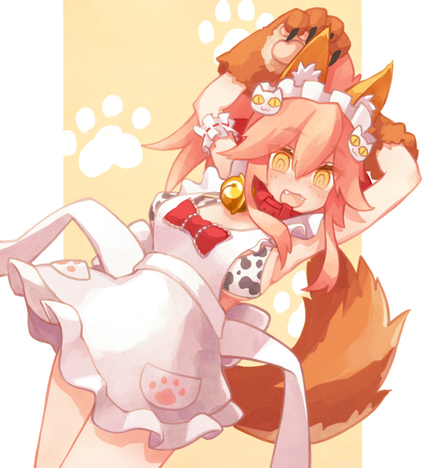 1girl animal_ear_fluff animal_ears animal_print apron armpits arms_behind_head arms_up bangs bare_shoulders bell bell_collar bikini blush bow breasts cat_hair_ornament collar cow_print fangs fate/extra fate/grand_order fate_(series) fox_ears fox_girl fox_tail frills hair_between_eyes hair_bow hair_ornament highres jingle_bell large_breasts long_hair looking_at_viewer open_mouth paw_print pink_hair ponytail red_bow sideboob sidelocks smile sorrau swimsuit tail tamamo_(fate)_(all) tamamo_cat_(fate) thighs white_apron white_bikini yellow_eyes