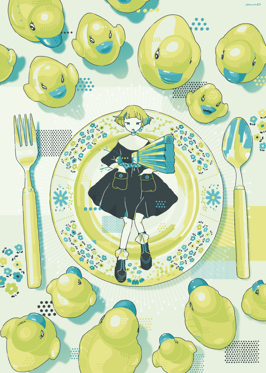 1girl absurdres bangs black_dress black_footwear blonde_hair blunt_bangs dress fork highres limited_palette long_sleeves omura06 original plate rubber_duck shadow shoes short_hair solo spoon wide_shot