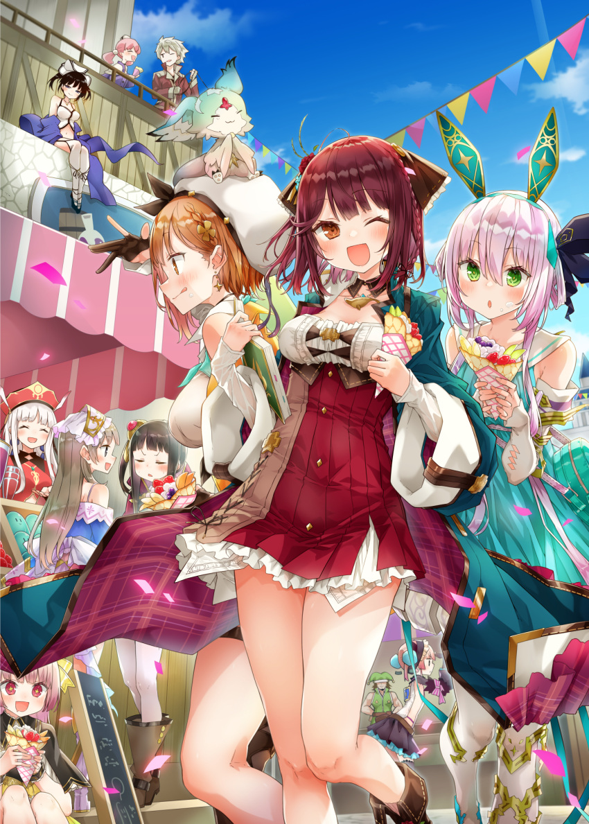 +_+ 6+girls alt_(ctrldel) atelier_(series) atelier_lydie_&amp;_suelle atelier_ryza atelier_ryza_2 atelier_sophie bangs blush book breasts character_request closed_eyes clouds cloudy_sky commentary_request crepe day dress eyebrows_visible_through_hair fi_(atelier) food green_dress green_eyes green_jacket hair_between_eyes highres holding holding_book holding_food jacket large_breasts long_hair long_jacket looking_at_another looking_at_viewer lydie_marlen medium_breasts multiple_girls one_eye_closed open_mouth orange_eyes orange_hair outdoors petals pink_hair plachta red_dress red_eyes redhead reisalin_stout shirt short_hair sidelocks sitting sitting_on_person sky smile sophie_neuenmuller string_of_flags suelle_marlen tongue tongue_out white_headwear white_shirt