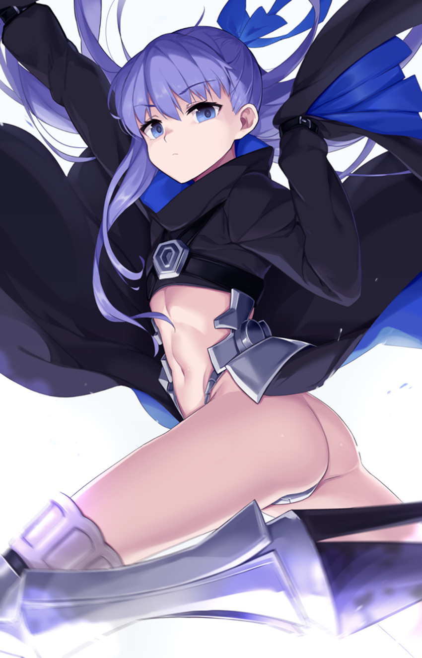 &gt;:( 1girl armored_boots arms_up ass blue_eyes boots closed_mouth crotch_plate fate/extra fate/extra_ccc fate_(series) faulds from_side highres long_hair long_sleeves looking_at_viewer looking_to_the_side meltryllis navel purple_hair revealing_clothes serious shrug_(clothing) simple_background sleeves_past_fingers sleeves_past_wrists solo thigh-highs thigh_boots v-shaped_eyebrows very_long_hair white_background wide_sleeves zen_o