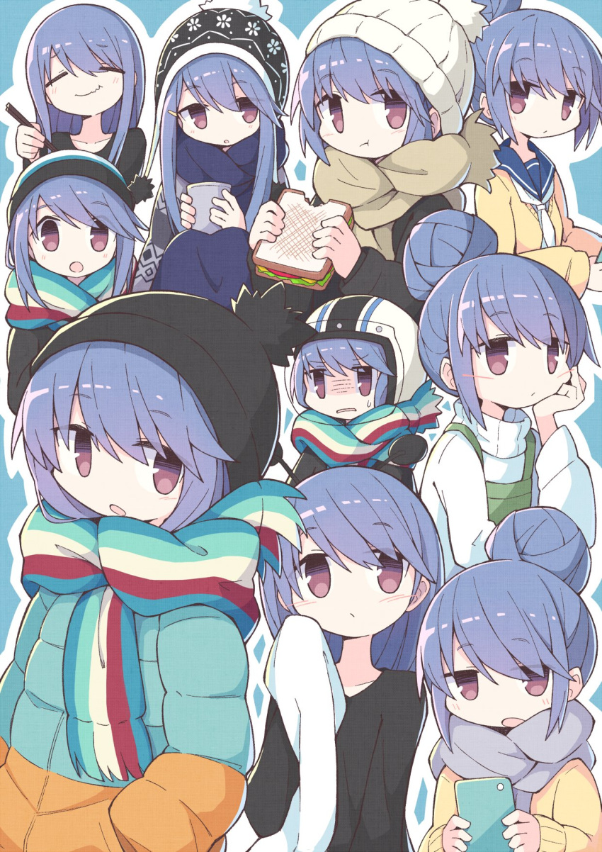 1girl asameshi bangs beanie bite_mark black_headwear black_shirt blazer blue_background blue_scarf blush_stickers cellphone chopsticks closed_eyes coat commentary cup eating food green_coat grey_scarf hair_bun hair_down hat helmet highres holding holding_chopsticks holding_cup holding_food holding_phone holding_towel jacket long_hair long_sleeves looking_at_viewer multicolored multicolored_clothes multicolored_scarf multiple_views neckerchief open_mouth orange_coat parka phone pom_pom_(clothes) sailor_collar sandwich scarf shima_rin shirt simple_background smartphone smile sweater towel turn_pale turtleneck turtleneck_sweater violet_eyes wavy_mouth white_headwear white_neckwear white_sweater yurucamp