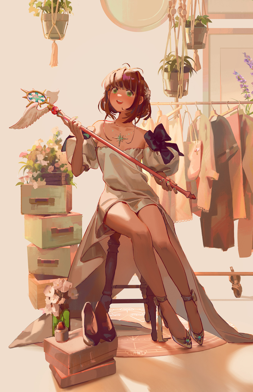 1girl antenna_hair bangs bare_shoulders black_bow blush bow brown_hair cardcaptor_sakura collarbone dress flower green_eyes hair_ornament high_heels highres jewelry kinomoto_sakura looking_at_viewer necklace open_mouth pixiescout plant potted_plant short_hair sitting solo white_dress yume_no_tsue