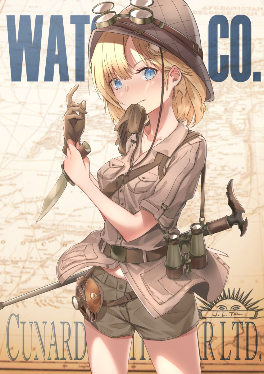 1girl alternate_costume bangs belt binoculars blonde_hair blue_eyes blush breasts brown_gloves brown_headwear brown_shirt brown_shorts camera cane collarbone contrapposto cowboy_shot eyebrows_visible_through_hair gloves goggles goggles_on_head gradient gradient_background hair_ornament helmet highres holding holding_knife hololive hololive_english jl_tan knife lamp looking_at_viewer map_background medium_breasts monocle_hair_ornament mouth_hold pith_helmet shirt short_hair short_sleeves shorts solo standing v-shaped_eyebrows virtual_youtuber watson_amelia