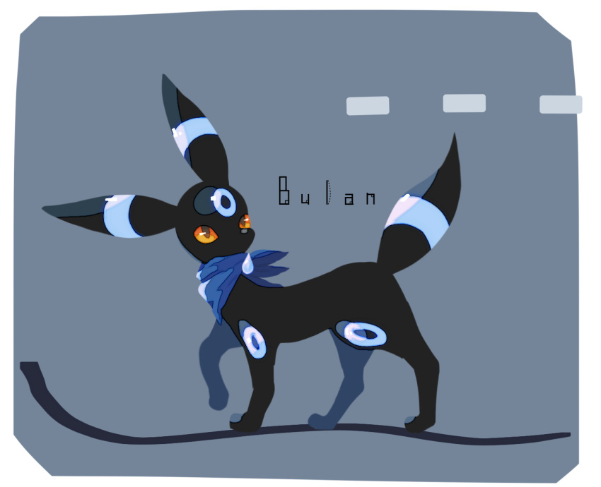 alternate_color animal_focus bandana blue_neckwear border brown_eyes character_name colored_sclera commentary_request from_side full_body gen_2_pokemon iogi_(iogi_k) looking_back no_humans orange_sclera pokemon pokemon_(creature) shiny_pokemon simple_background solo umbreon walking white_background white_border