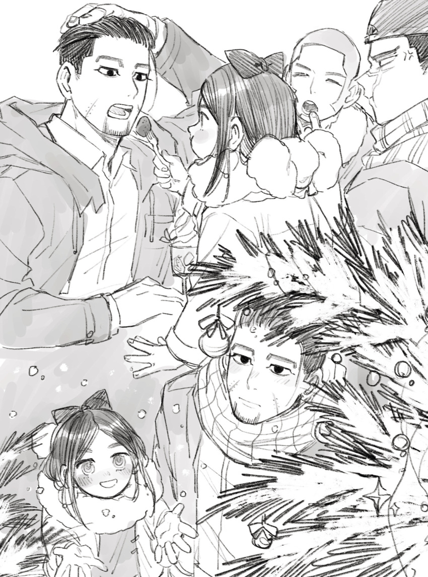 1girl 3boys alternate_costume anger_vein arm_up asirpa bangs black_eyes black_hair blush bow buzz_cut christmas christmas_ornaments christmas_tree closed_eyes coat collar collared_shirt ear_piercing earrings facial_hair feeding food fork from_above from_side fur_collar goatee golden_kamuy grey_background grey_hair greyscale hair_bow hair_slicked_back hair_strand hand_in_hair hat highres holding holding_food holding_fork hood hood_down hooded_jacket hoop_earrings jacket jealous jewelry lemonade2333 long_hair long_sleeves looking_at_another looking_up monochrome multiple_boys ogata_hyakunosuke open_clothes open_mouth parted_bangs piercing scar scar_on_cheek scar_on_face scar_on_mouth scar_on_nose scarf shiraishi_yoshitake shirt short_hair sideburns simple_background smile snowflakes stubble sugimoto_saichi tree undercut upper_body very_short_hair white_background white_shirt